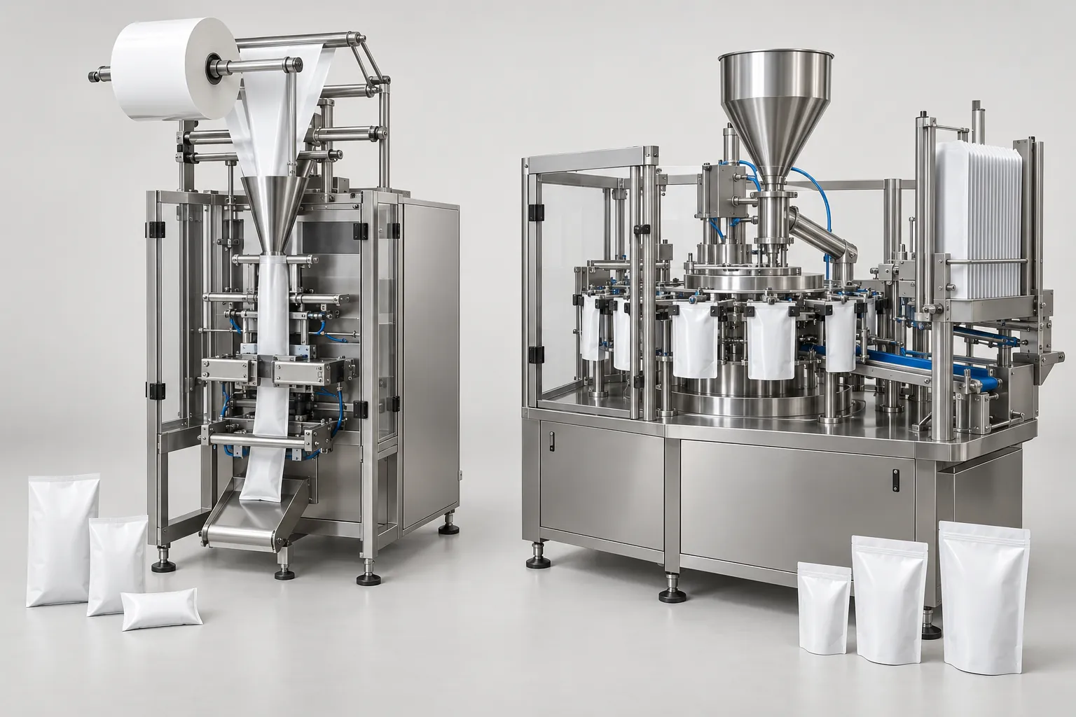 Illustration of a vertical form-fill-seal machine beside a rotary premade pouch machine with a stack of stand-up pouches