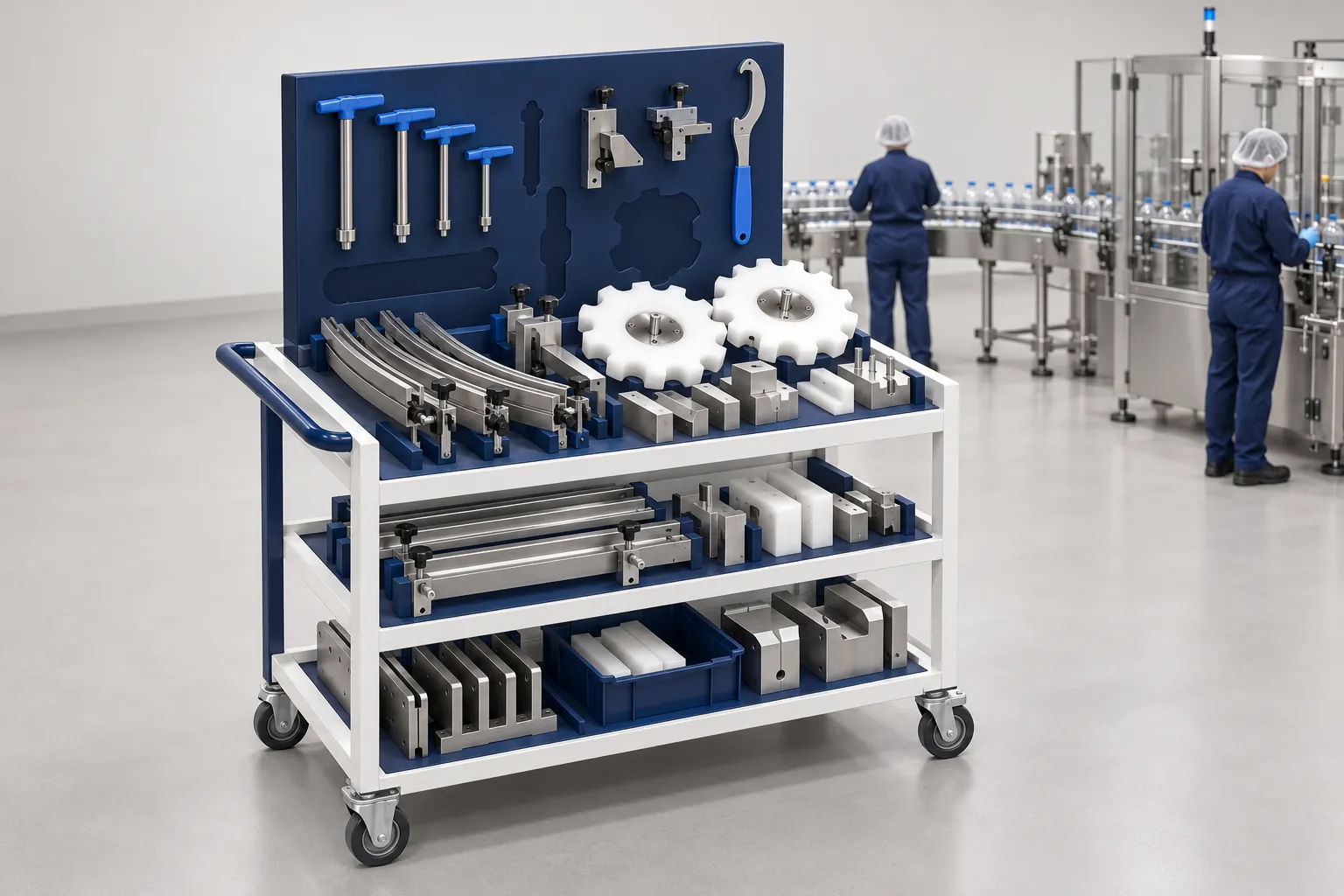 Illustration of an operator beside a packaging machine with format parts on a cart, a tablet showing a recipe, and a first-off sample on a table