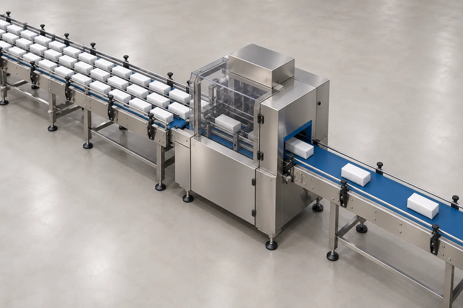 Illustration of a packaging line with five machines in sequence and a highlighted machine in the middle where product queues up before it and thins out after it