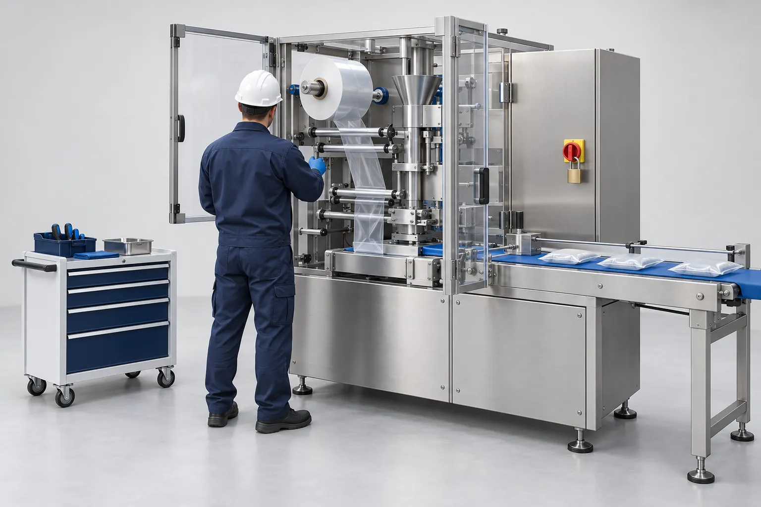 Illustration of a maintenance technician reviewing a clipboard checklist beside a packaging machine with its guard open and a tool cart nearby