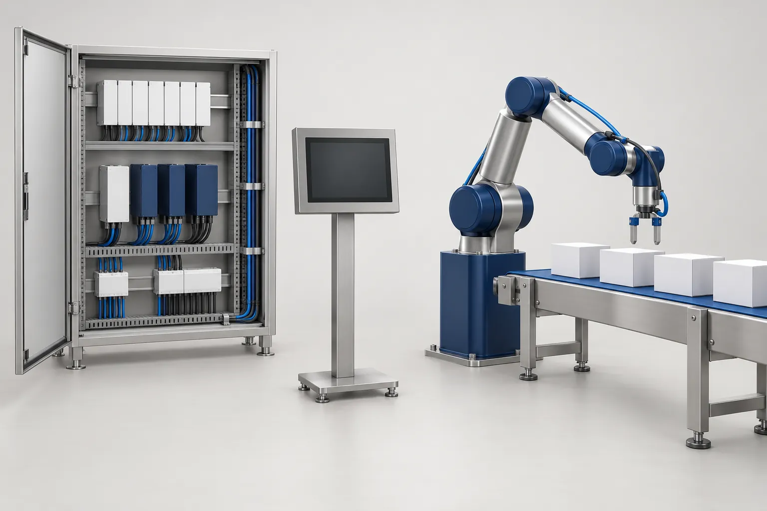 Illustration of a control cabinet with PLC modules and servo drives, a touch screen without readable text, and a pick-and-place robot