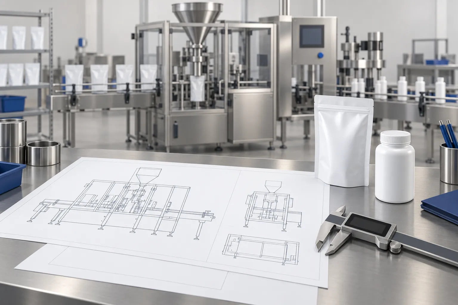 Illustration of technical drawings, sample pouches and bottles and calipers on a desk, with a packaging machine blurred in the background
