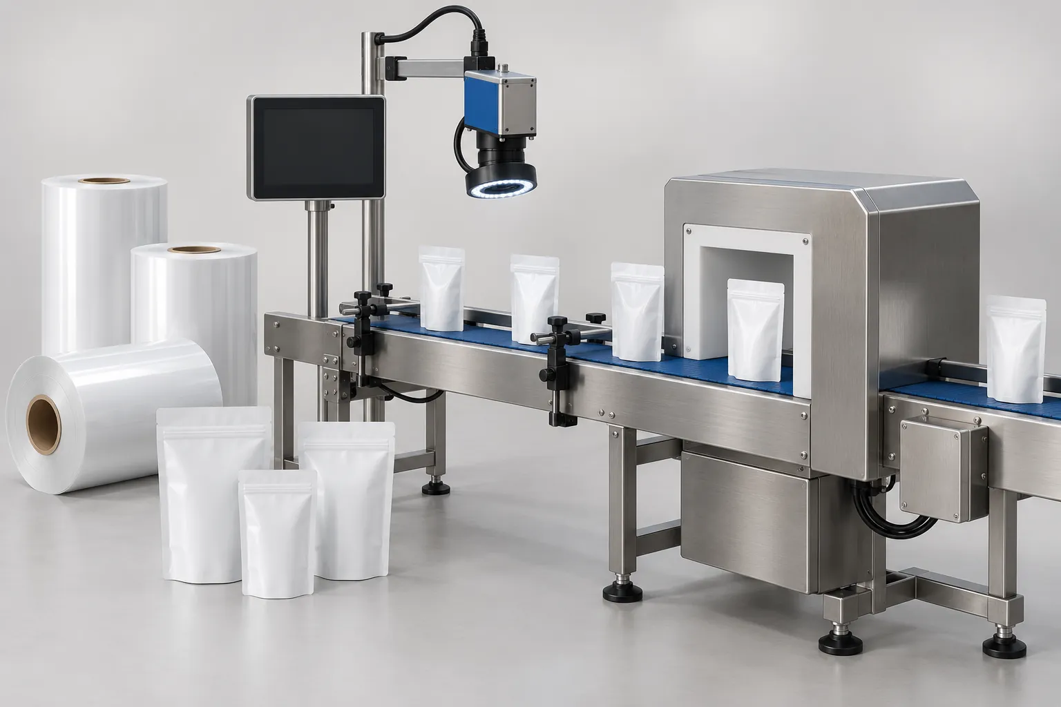 Illustration of packaging film rolls, sample pouches, an inspection camera and a metal detector tunnel