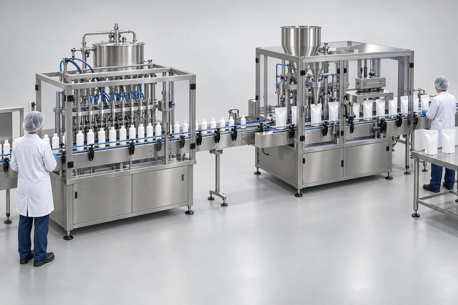 Filling and sealing machines in a row, with stand-up pouches and bottles moving along a conveyor