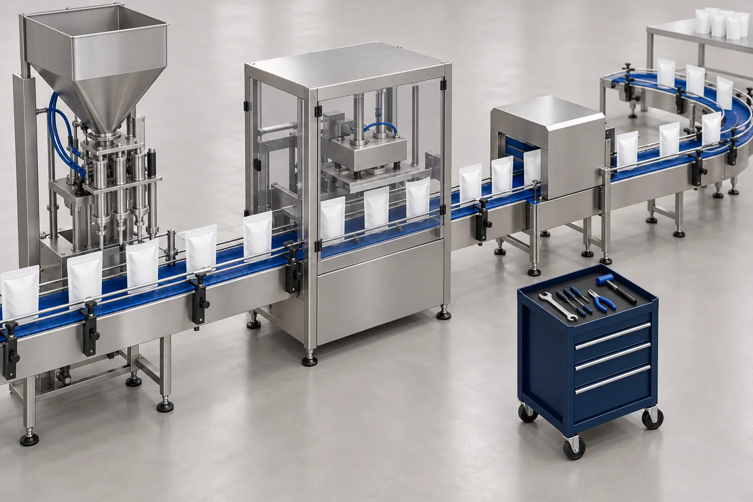 Overhead view of a running packaging line beside a maintenance tool cart