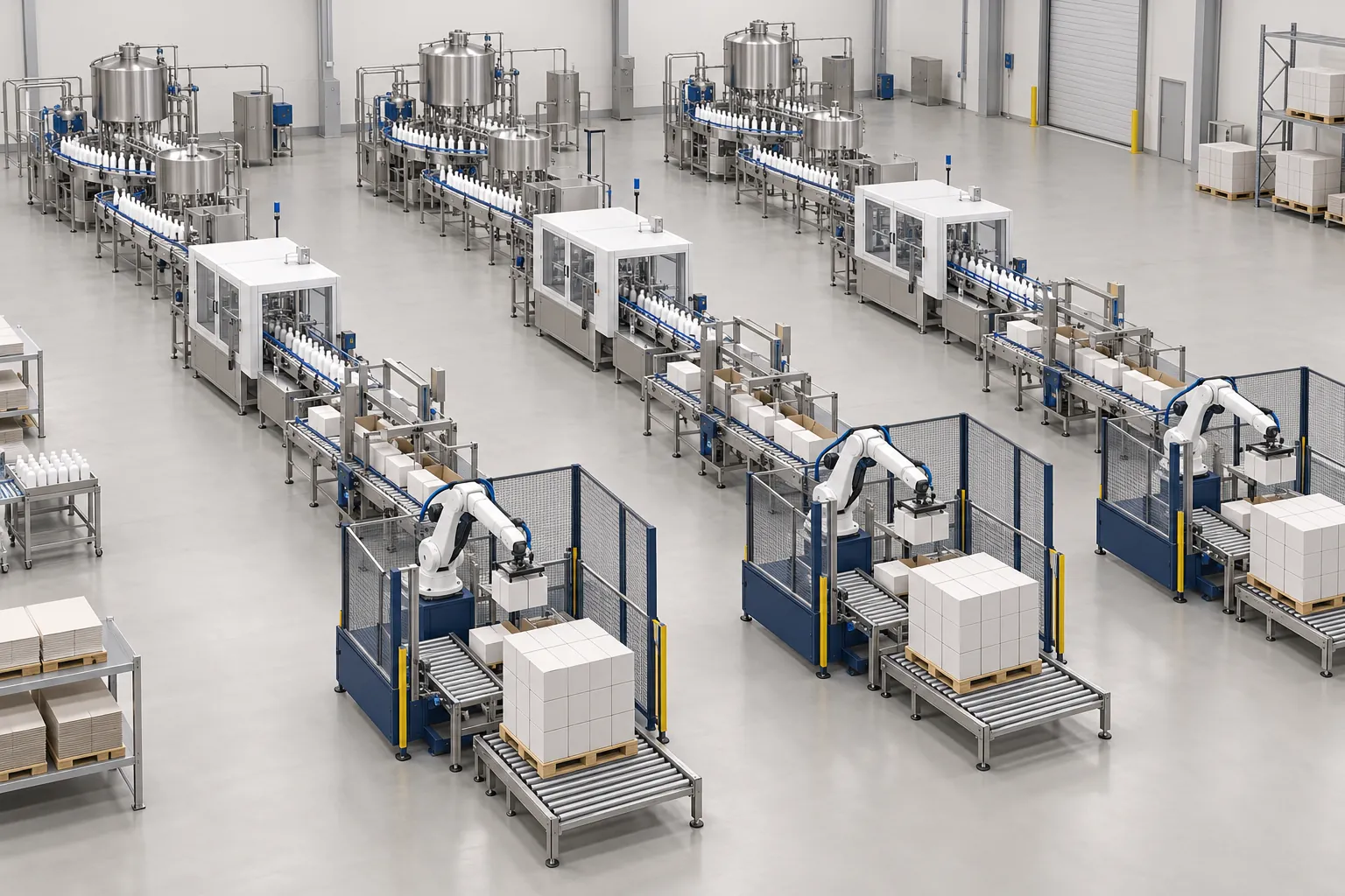 Illustration of a modern packaging plant with filling, cartoning, case packing and palletizing lines